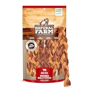 Natural Farm Odor-Free Braided Bully Sticks (12 Inch, 10 Pack) – 100% Grass-Fed Beef, Grain-Free, Low Fat & Fully Digestible Best Dental Treats – Safest Long Lasting Pizzle Chews to Keep Your Dog Busy