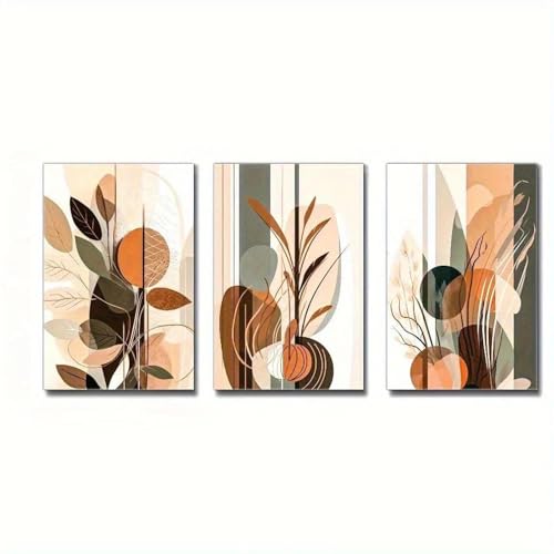 Baibexing Cuadro Abstracto Geométrico Bohemio Con Hojas En Marrón Y Beige, Lienzo, Arte De Pared, Póster, Impresiones, Imagen, Decoración De Pared 30X40Cmx3Pcs Sin Marco