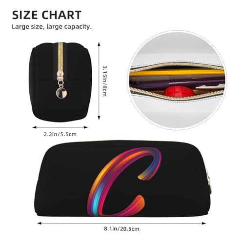 Image of Cute Initial Pencil Case for Kids Simple Leather Pencil Pouch for Boys Girls Letter Design Pencil Box Pen Bag Pencil Pouch Office Stationery Organizer, Rainbow Letter C