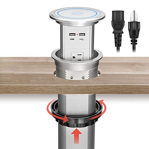 Kungfuking Surge Protector Intelligent Motorised Pop Up Socket Electric Retractable Outlet Power Strip & Dual USB Port with Wireless Charging Stations for Kitchen Island, Counter Top, Conference Room
