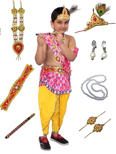 Image of Kaku Fancy Dresses Krishna Costume With Dhoti For Boy /Janmashtami /Bal Gopal Dress /Kanha Costume /Bal Krishna /Mythological Costume For Boy - Yellow-Red, 1-2 Years