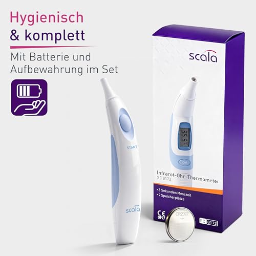 scala SC 8172 Infrarot Ohrthermometer – Digitales Fieberthermometer für Kinder & Erwachsene – 3 Sek. Messzeit, akustischer Fieberalarm & Speicher für 9 Messwerte