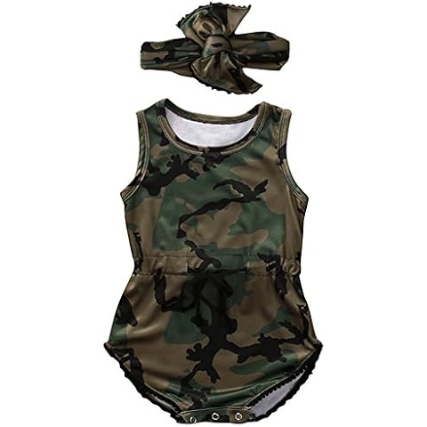 HBER 0-24M Infant Toddler Romper Outfits Unisex Baby Boys Girls One-Pieces Camo Jumpsuit Clothes Set with Headband Cover
