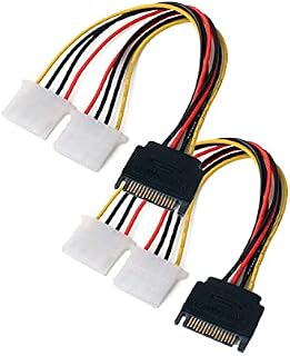 2-pas SATA 15 Pin Male to Dual Molex 4 Pin LP4 Female Power Cable Adapter Y Splitter, IDE Hard Drives Power Cable for 12V/5V Ide Hdd Dvd. (20cm/7.9 inch)