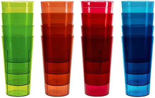 Kryllic Plastic Tumblers Set Of 16 Color Plastic Drinking Glasses 20 OZ Assorted Colors Plastic Cups Dishwasher Safe Tumbler Cups Reusable Acrylic Set For Kitchen, Party Kitchen Unbreakable Kids Cups