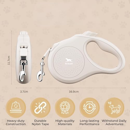 Image of Petology Retractable Dog Leash | 5 Meter (16ft) Nylon Tape | for Dogs Upto 15kgs | Heavy Duty Rope, 360 Tangle-Free, One-Hand Brake & Lock System, Anti-Slip Comfortable Grip