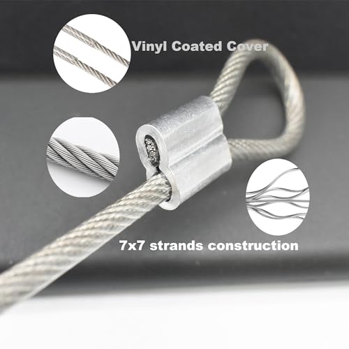 Floyutin 10 Pcs 2mm Wire 12 inch Vinyl Coated Stainless Steel Cable with Loops Short Wire Rope Lanyard Lock Security Chain Link for Outdoor Gates, Clear(2mm x 12inch)