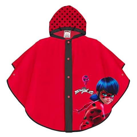 PERLETTI Poncho Impermeable Miraculous Ladybug - Chubasquero de Lluvia Niña Estampado Prodigiosa Lady Bug y Lunares Dots - Rojo Ribete Negro con Capucha y Botones - Tejito EVA Cover