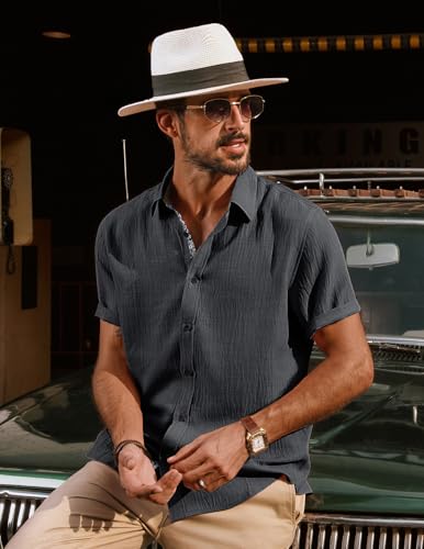 PJ PAUL JONES Men's Button Down Short Sleeve Shirt Casual Summer Beach Textured Wedding Shirts Dark Grey — view 3