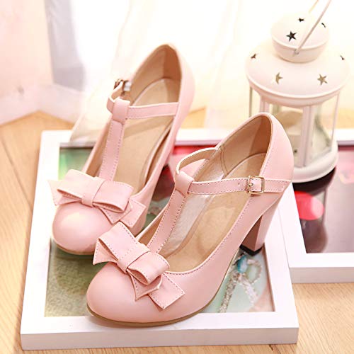 Image of Elbslutt Women's Cute Retro Rockabilly Shoes T Strap Mary Janes Heels Chunky Cosplay Shoes Sweet Block Heeled Bow Pumps