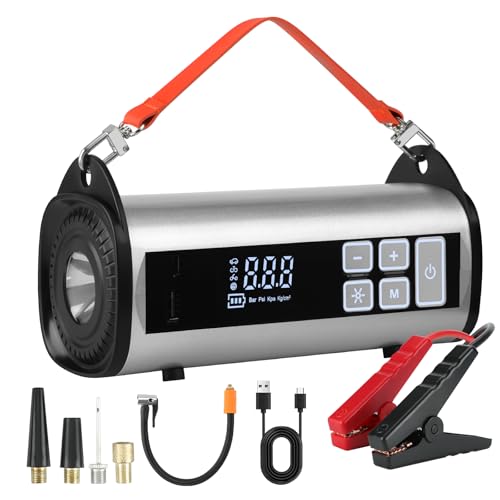 Kairiyard Car Jump Starter Power Bank with Air Compressor, 150PSI 1000A Peak Current Jump Starter Power Bank for All Petrol and 10.0L Diesel Engine, Jump Starter with Red Blue Emergency Flashing