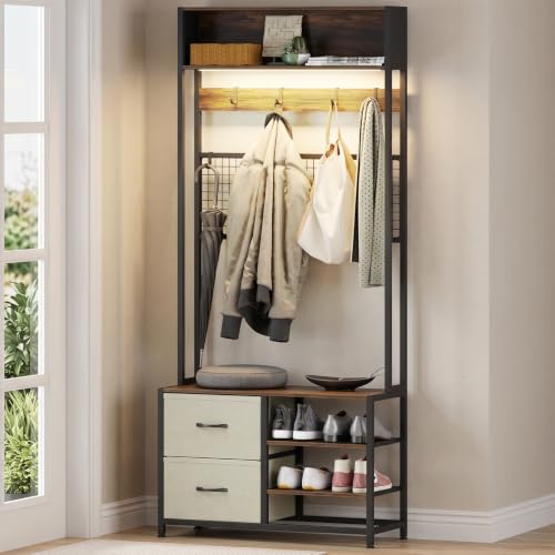 hall tree with bench and shoe storage,mudroom bench with storage and hooks | 7-in-1 Entryway Coat Rack Shoe Bench Storage with Motion Sensor Light, Adjustable Shelves & Hooks for Mudroom
