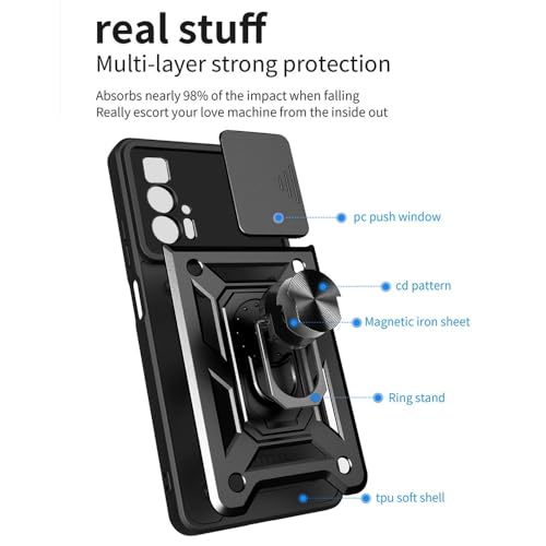 Image of Heavy Duty Back Case Cover for Moto Edge 20 Pro 5G, Shockproof Moto Edge 20 Pro Back Cover, Ring Case with Kickstand and Camera Protection Shutter - Black