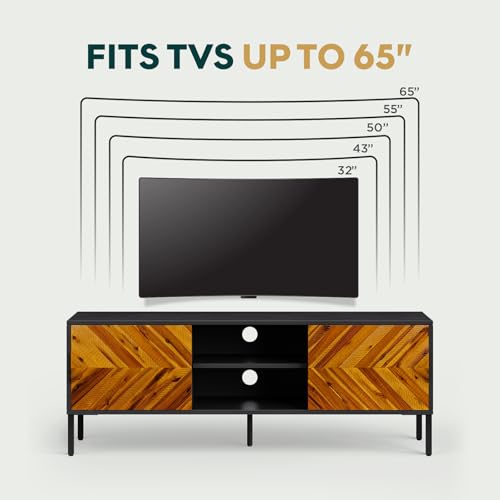 Image of Bme Vivian TV Stand, 59 Inch Media Console Table with Herringbone Pattern Doors, Solid Wood & Metal Frame, Rustic Golden Brown - Retro-Inspired Modern TV Console for Living Room, Entertainment Center