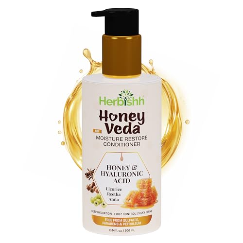 Image of Herbishh Honey Veda Moisture Restore Conditioner 300ml - Hydrating Detangling Conditioner for Dry & Frizzy Hair, Amla, Reetha, Licorice with Keratin & Hyaluronic Acid, Sulfate & Paraben Free