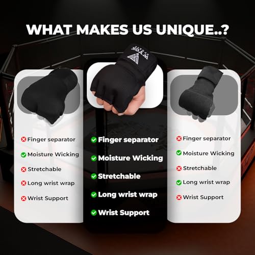 Image of WYOX Gel Boxing Hand Wraps Inner Gloves for Men & Women - 80cm /31inch Quick Wrist Strap, Padded Knuckle Support, Fingerless MMA Muay Thai Kickboxing Wraps for Training, Punching & Martial Arts