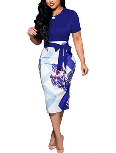 ThusFar Workout Dress for Women Short Sleeve Self-Tied Bowknot Pencil Dress XX-Large Blue