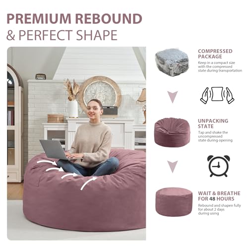3FT Bean Bag Chair, Comfy Bean Bag Chairs with Memory Foam Filled, Fluffy Beanbag Sofa with Dutch Velvet Cover, Round BeanBag Chairs for Living Room, Playroom - Dusty Pink