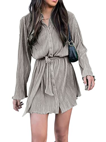 LYANER Women's Collar V Neck Button Down Pleated Long Sleeve Mini Shirt Dress with Belt3
