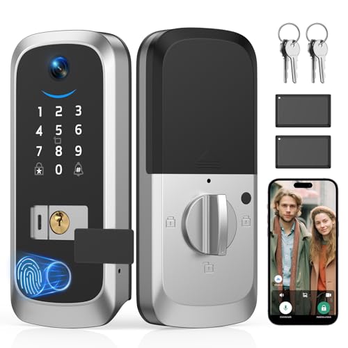 Calzibeno Video Smart Lock with Camera, Built-in Rechargeable Lithium Battery Entry Keyless Door Lock, App Control, Fingerprint ID, IC Card, Keypad Code, Auto Lock for Front Door (Silver)