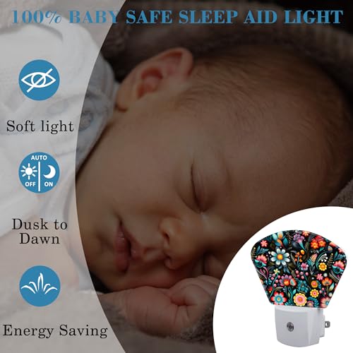 Image of Embroidery Style Flowers Plug in Night Lights, Flowers Nightlight Plug Into Wall Dusk to Dawn Sensor for Kid Girls Boys Women Men Bedroom, Hallway, Kitchen, Bathroom, Stairs Decor