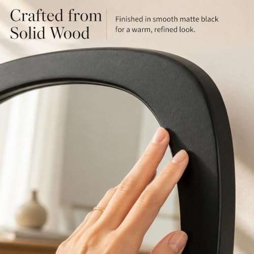Image of Solid Wood 48x24 Matte Black Large Organic Irregular Wall Mirror | Large black statement adds modern contrast to bedroom walls, hallways, entryways, living rooms, dresser decor, black accents.