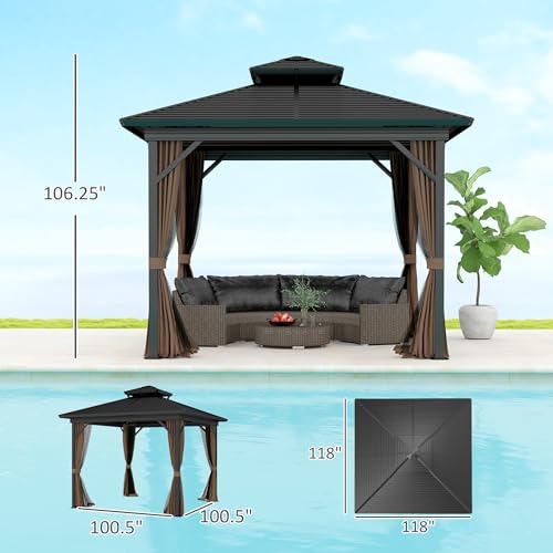 Outsunny 10' x 10' Hardtop Gazebo Canopy with Galvanized Steel Double Roof, Aluminum Frame, Permanent Pavilion Outdoor Gazebo with Netting and Curtains for Patio, Garden, Backyard, Dark Brown - Image 7