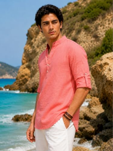 Image of Majestic Man Men's Pure Cotton Solid Mandarin Collar Slim Fit Roll-Up Sleeves Short Kurta Lightweight Summer Kurta for Daily & Occasion Use