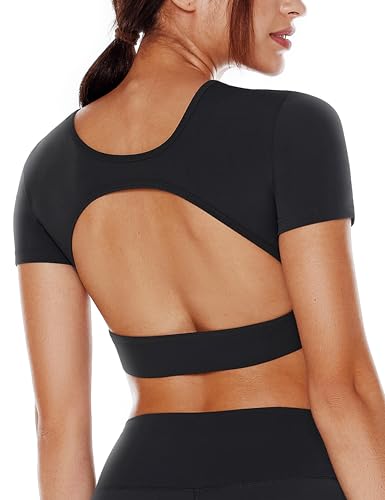 Open Back Workout Crop Tops for Women Backless Yoga Shirts Gym Short Sleeve Mild Support Compression Tee with Bra