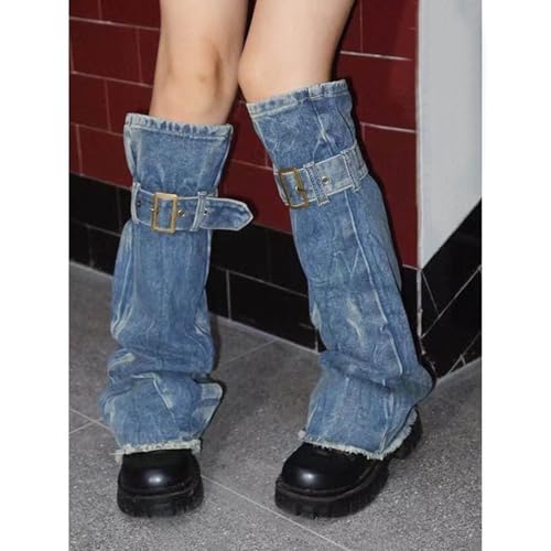 Women Distressed Jeans Blue Leg Warmer with Buckled Straps Punk Washed Denims Flared Boot Long Socks Streetwear4
