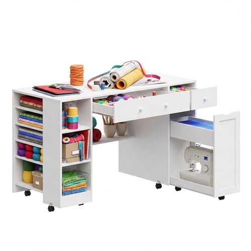 Rolling Craft Table with Sewing Machine Storage Drawer, Sewing Table with Open Storage Cubes and Adjustable...