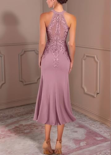 Tea Length Halter Mother of The Bride Dresses for Women Lace Mermaid Wedding Guest Dress Satin Appliques Formal Gown3