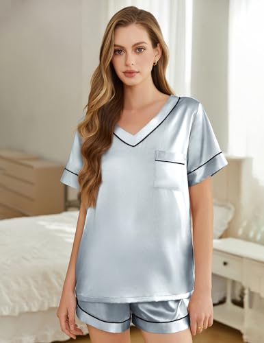 Image of Silk Pajamas for Women Short Sleeve Satin 2 Piece Pj Set Soft V Neck Sleepwear Loungewear, S-XXL