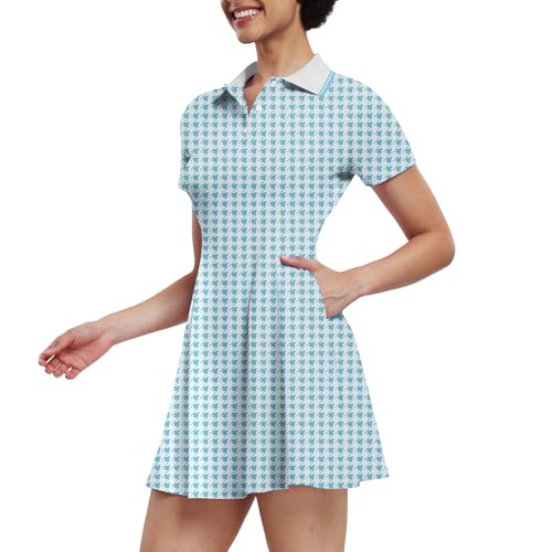GGOV Womens Tennis Dresses Golf Dress Short Sleeve with Shorts Workout Athletic Dress(Blue Houndstooth,X-Small)