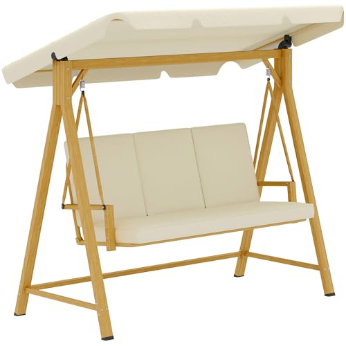 Outsunny Dondolo da Giardino 3 Posti con Tettuccio Parasole Regolabile, Dondolo da Esterno con Struttura in Metallo Effetto Legno e Cuscini, Portata 330 kg, Protezione UV 30+, 195x120x170 cm, Beige