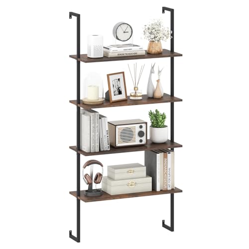 Tangkula 4-Tier Wall-Mounted Bookshelf, Industrial Floating Storage Display Shelves with