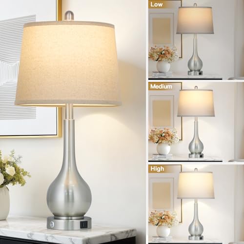 luxeflow 26" Silver Table Lamp for Bedroom, Touch Control Bedside Lamp for Nightstand with Charging Port, 3-Way Dimmable End Table Lamp for Living Room (1 Pack) - image 4