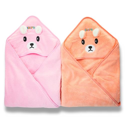 Image of Ioly's Hooded Baby Bath Towels for Newborn Essentials 41 inch Set of 2 Towels with Hood for Kids Babies Toddler Infant (Large) Baby Towel Cosas para Bebes recien nacidos Bath Items (Pink and Orange)