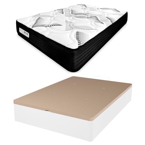 Duérmete Online – Pack Colchón Viscoelástico con Muelles Ensacados Eco Box + Canapé Abatible de Madera Reforzada | Gran Capacidad de Almacenaje | Firmeza Alta | Color Blanco | 150 x 190 cm