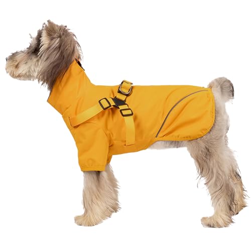 Dog Raincoat for Small Dogs, Reflective Small Dog Rain Jacket with Harness D-Ring, Adjustable Breathable Puppy Rain Poncho with Zipper(Yellow, M)