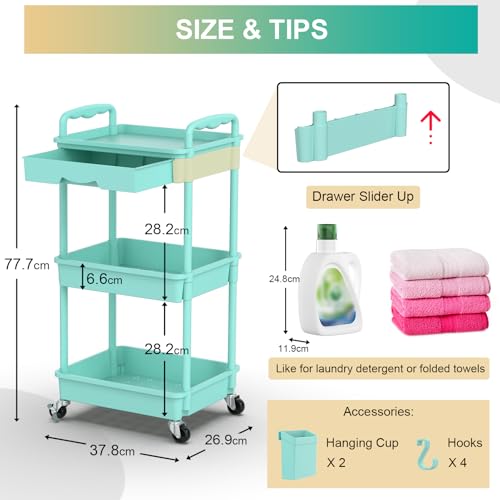 Yeabett 3 Tier Craft Trolley, Storage Trolley On Wheels Utility Cart With Drawer for Kitchen Bathroom, Office, Living Room, Blue - Image 4
