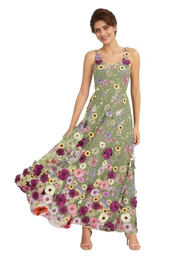 Women's A-Line 3D Flower Applique Maxi Dresses 2025 Spaghetti Straps Floral Formal Gowns and Evening...