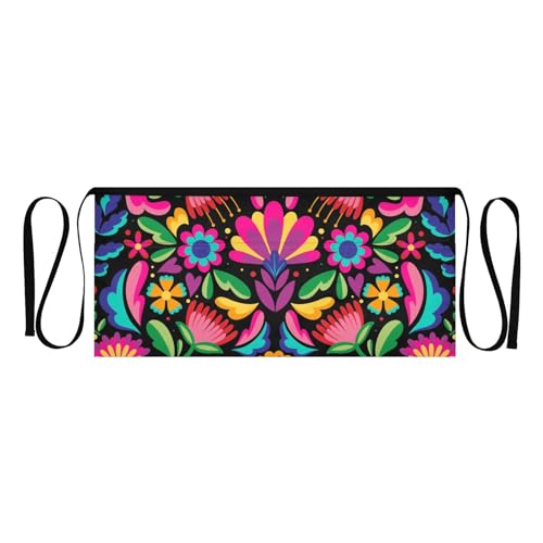 FLildon Mexican Floral Server Aprons with 3 Pockets, Water Resistant Waist Apron for Adults Half Apron for Women - 12 Inch