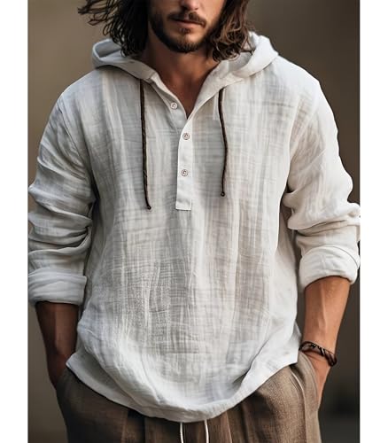 INVACHI Men's Linen Shirt Long Sleeve Hooded Hawaiian Shirt for Men Beach Summer Shirt for Men2