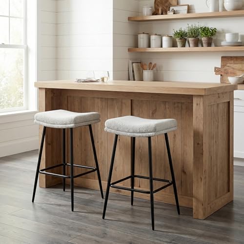 Butacos sin respaldo de 26", juego de 3 unidades, asiento tipo silla de montar, cojín de doble capa, tapizado suave en bouclé, patas metálicas, capacidad de 350 lb, para isla de cocina miniatura 4