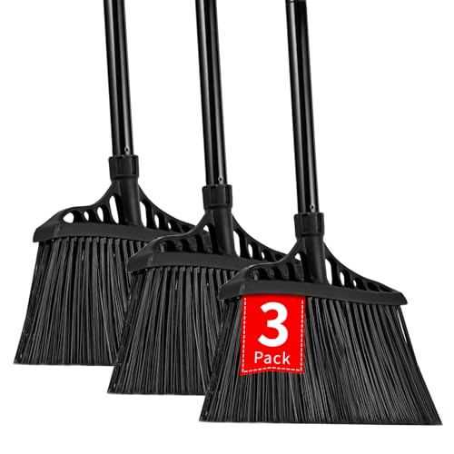 Tiumso 3-Pack Heavy Duty Broom Commercial Broom with 55 Long Handle Outdoor Indoor Industrial Brooms for Sweeping Garage Concrete Courtyard Patio Home Kitchen Office - All Black