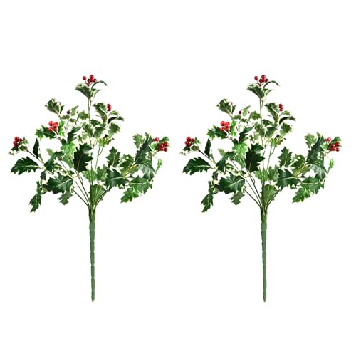 2Pack Artificial Holly Berry Branch – 42cm Christmas Decoration Pick with 9 Forks, Green Leaves & Red Foam Berries, PE Wire Stem, Realistic Holiday Floral Spray