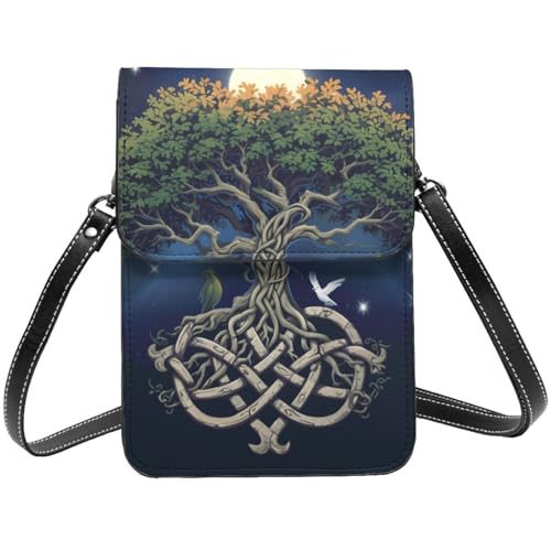 Tree of life celtic moon spiritual design crossbody cell phone purse for womens lightweight small soft leather fashion travel wallet with adjustable strap2