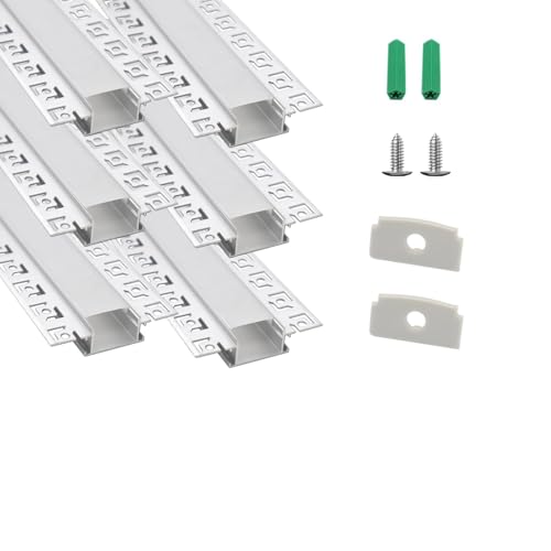 YeaLunong Plaster-in LED Channel 6-Pack 3.3ft Trimless Recessed Led Strip Lights Diffuser with Milky White Cover Fits up to 20mm Strips for Wall Drywall Ceiling (Flush Fit)
