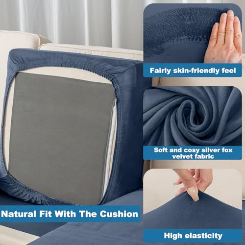 Image of Couch Cover 3-Piece Elastic Velvet Couch Cushion Covers & Chaise Slipcovers for L-Shaped Sofas, Sofa Seat Covers Washable, Soft Cover for Couches (2 Seater + Chaise, Berlin Blue)